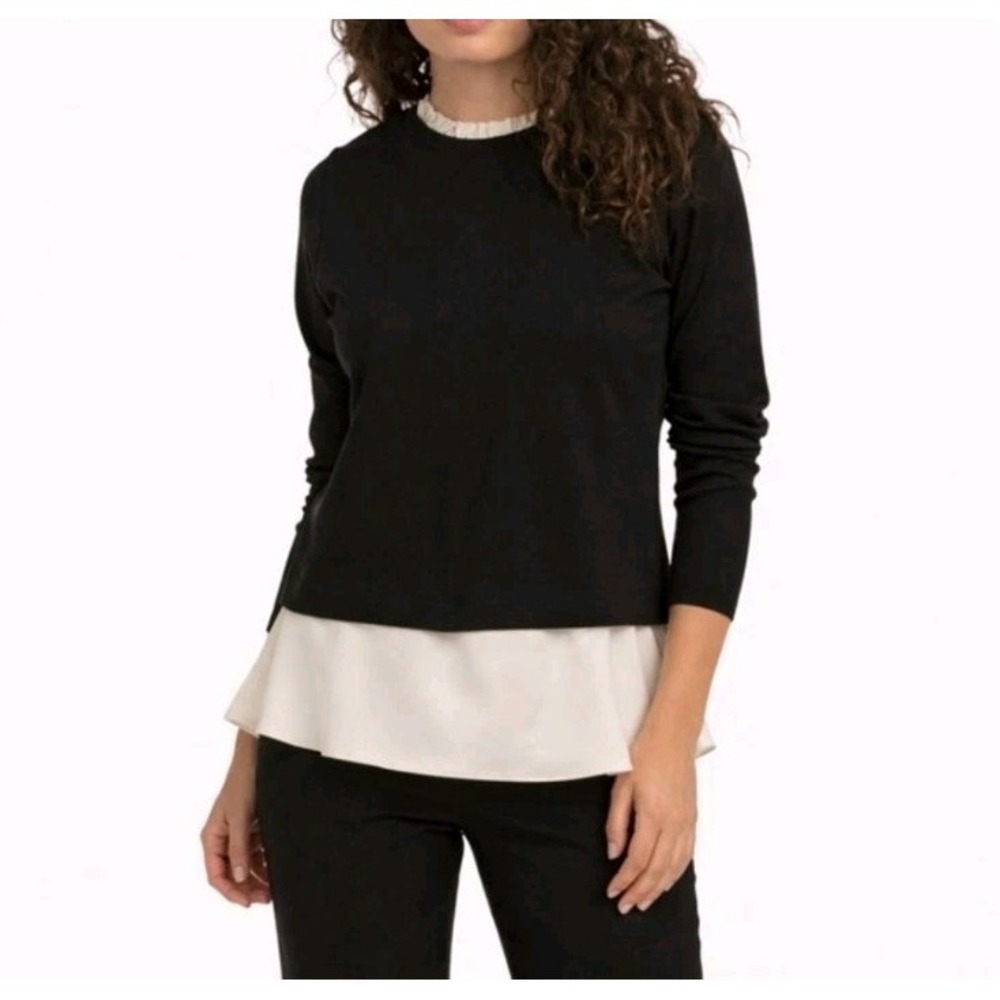 Anne Klein Black Knit Ivory Ruffle Neck 2 In 1 Layered Long-sleeve Sweater